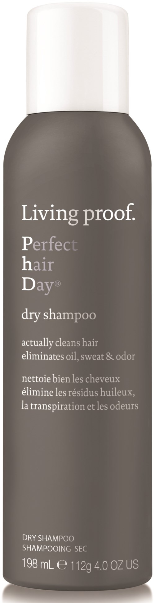 A gray bottle of Living proof dry shampoo with a white cap, labeled for hair cleaning and odor elimination.