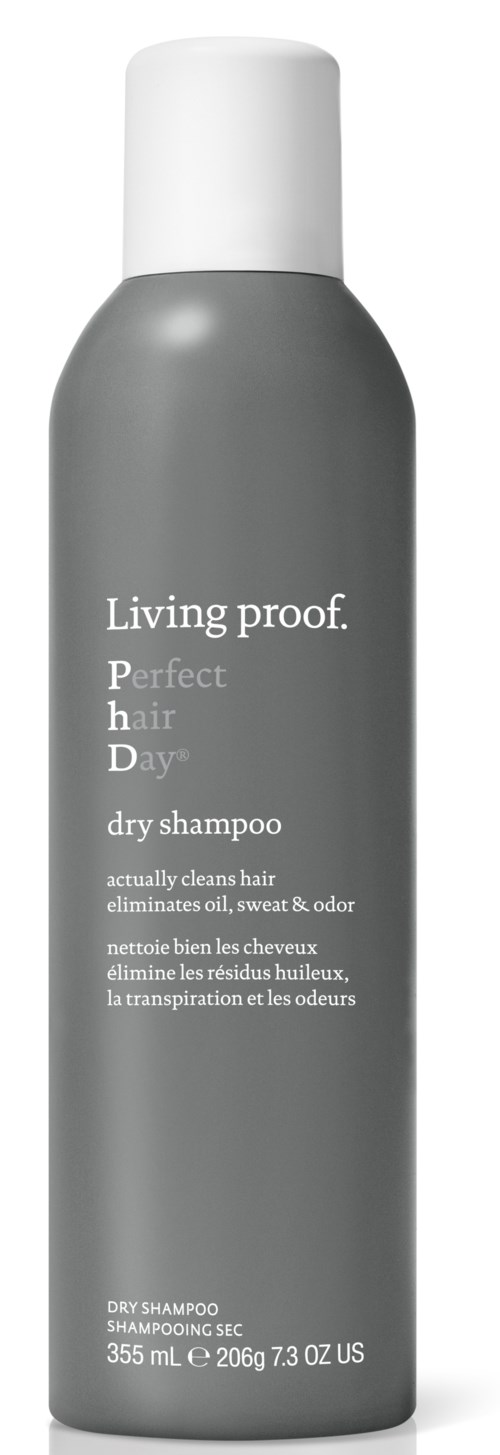 A grey bottle of Living proof Dry Shampoo with a white cap, cleaning hair and reducing oil and odor.