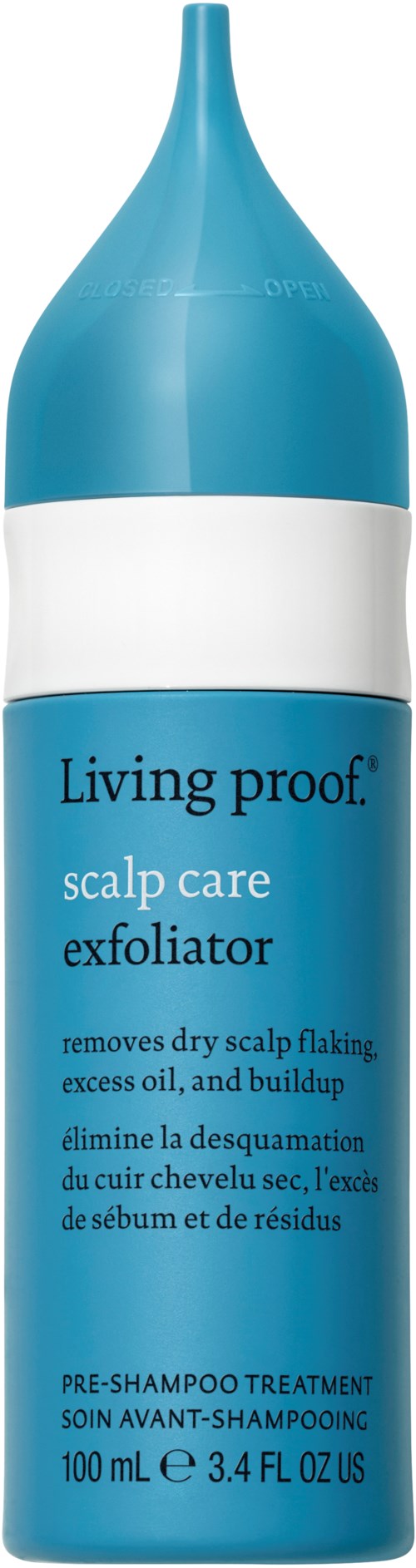 Sininen ja valkoinen pullo, joka on nimeltään 'Living proof: scalp care exfoliator', poistaa kuivaa päänahan hilseilyä ja ylimääräistä öljyä.
