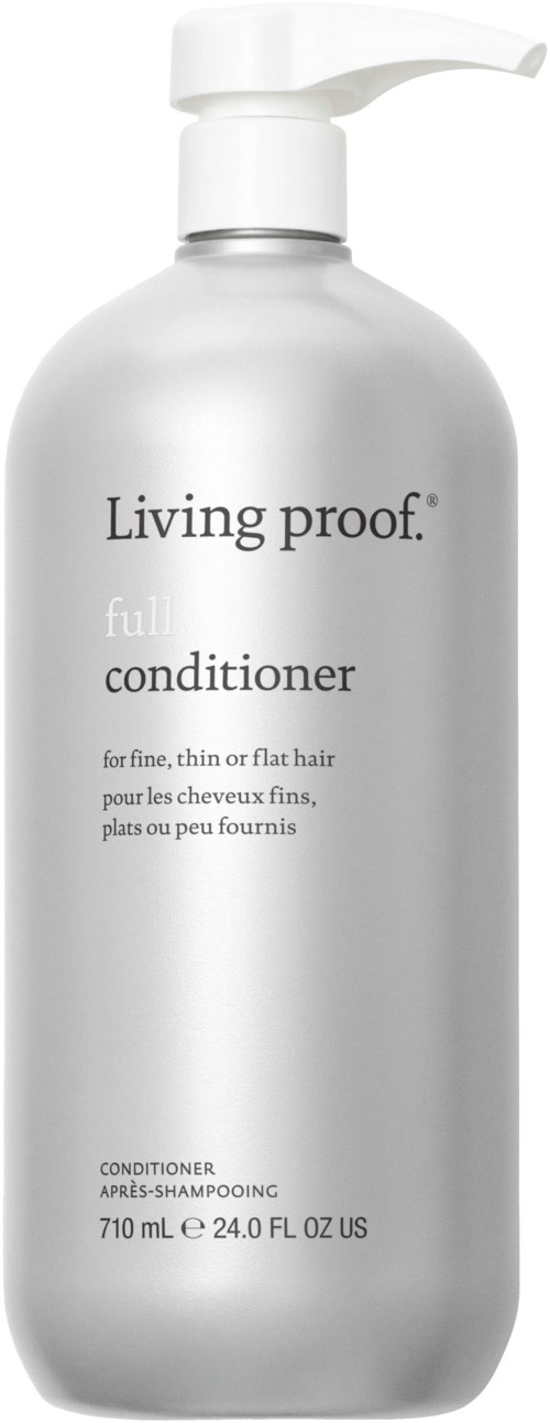 Suuri valkoinen pumppupullo, jossa lukee 'Living proof full conditioner' ohuille tai litteille hiuksille.
