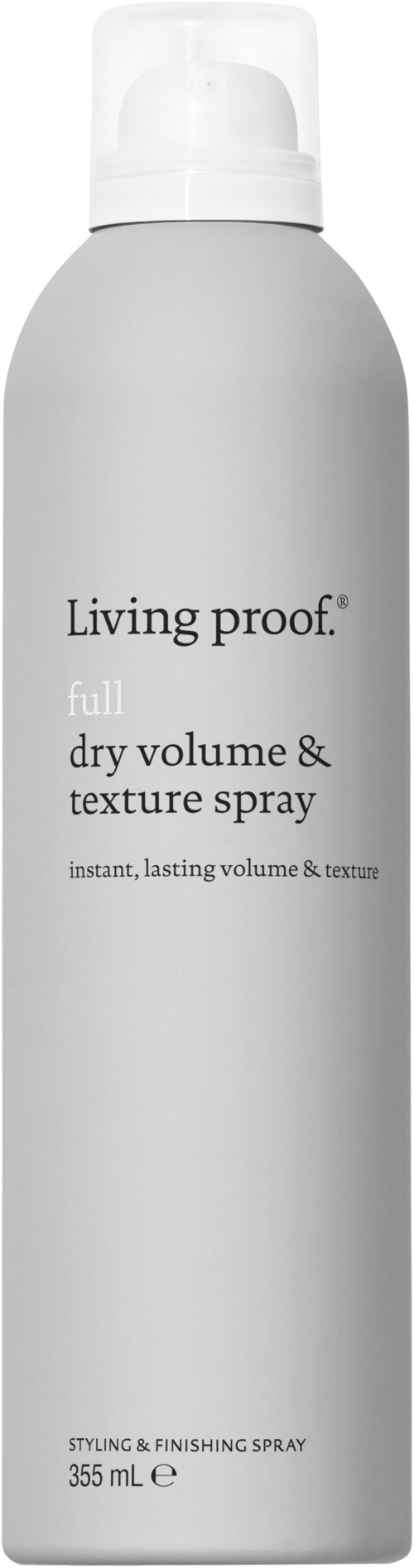 Valkoinen suihkepullon, jossa on musta teksti 'Living proof' ja 'full dry volume & texture spray'.