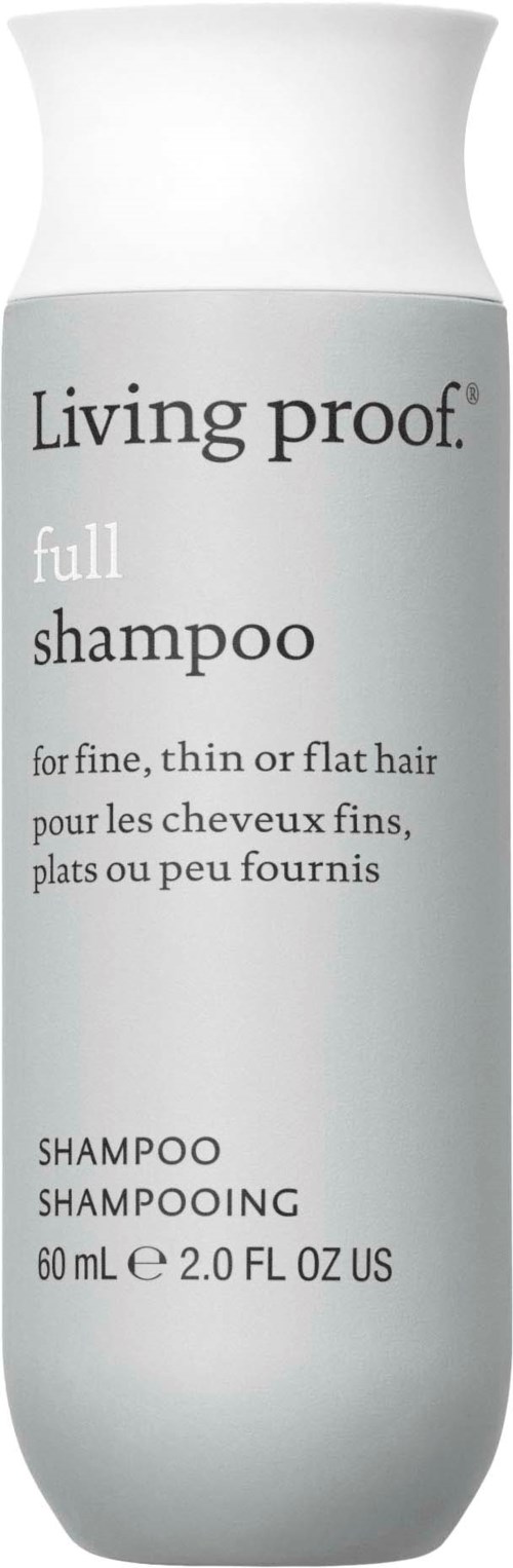 Valkoinen pullo, jossa lukee 'Living proof full shampoo' ohuille tai ohuelle hiuksille, 60 ml.
