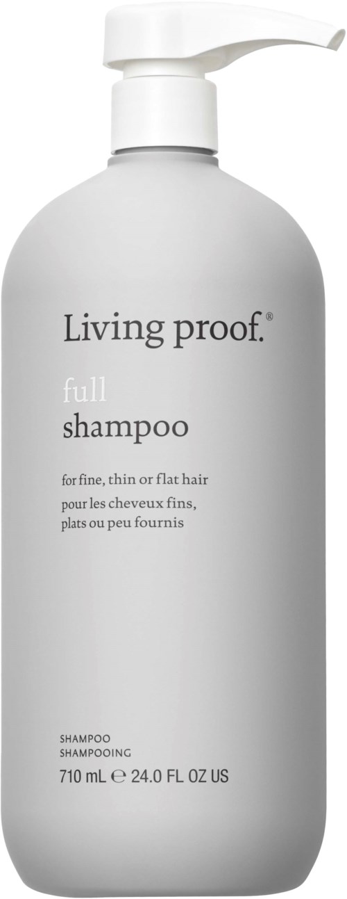 Valkoinen pullo pumppupäällä, jossa lukee "Living proof full shampoo" ohuille hiuksille. Tilavuus 710 ml.