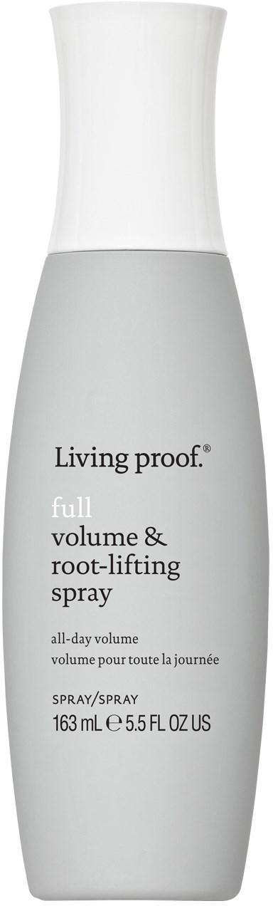 A tall, white and gray bottle with the label 'Living proof' for hair spray, containing 163 ml or 5.55 fl oz.
