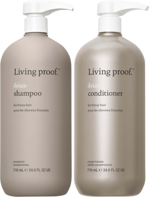 Two beige bottles, one for shampoo and one for conditioner, with white pump dispensers and simple text labels.