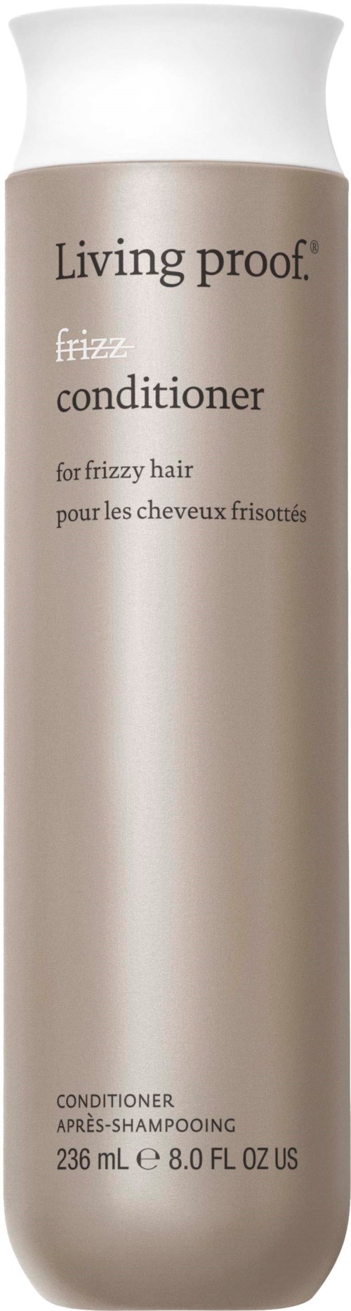 A tall, beige bottle labeled Living Proof frizz conditioner for curly hair, with a white cap and simple design.