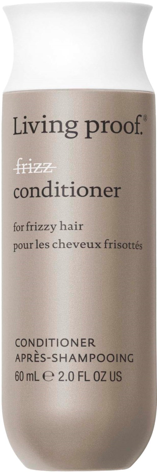 A bottle of Living Proof frizz conditioner for curly hair with simple gray and white design.