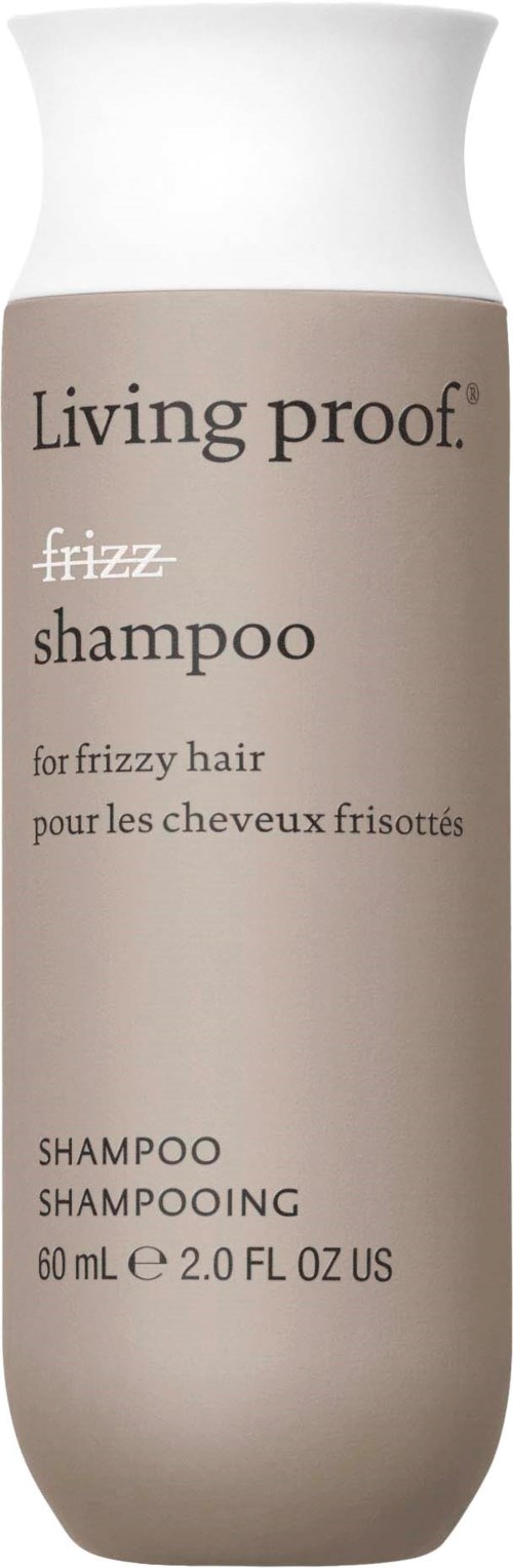 A beige bottle of Living proof frizz shampoo for curly hair, 60 ml, simple design.