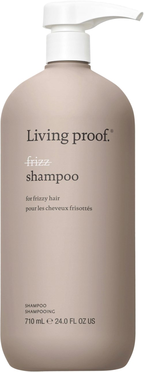 A beige bottle of Living Proof frizz shampoo with a pump top, size 710 ml.