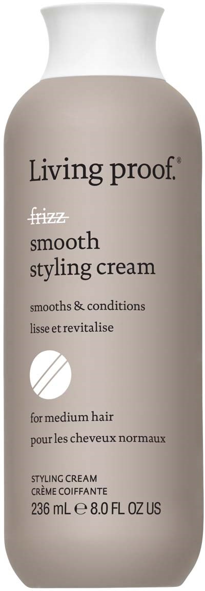 Beige pullo, jossa lukee Living proof smoothing styling cream, keskikokoisille hiuksille, valkoinen korkki ja yksinkertainen teksti.