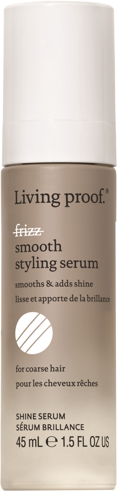 Beige pullo, jossa on valkoinen korkki, sisältää Living Proof frizz smooth styling serum paksuun hiukseen.