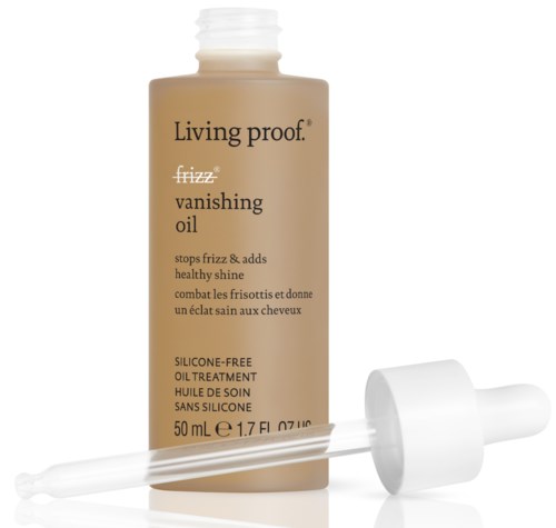 Beige Living Proof vanishing oil -pullot tiputikulla, 50 ml, vähentää pörröisyyttä ja lisää kiiltoa.