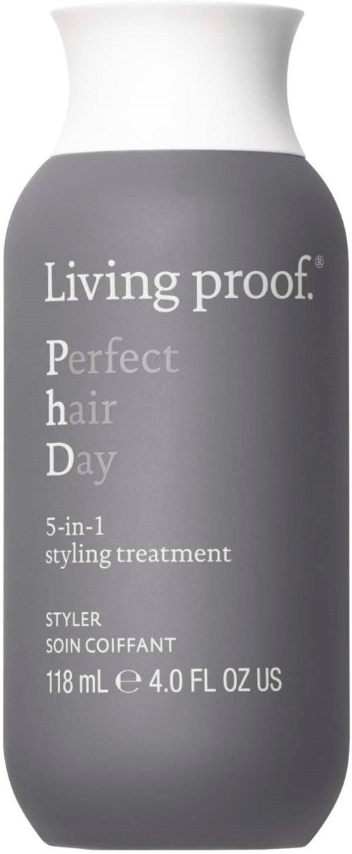 Harmaa pullo, valkoinen kansi, merkitty 'Living proof. Perfect hair Day 5-in-1 styling treatment', 118 mL.
