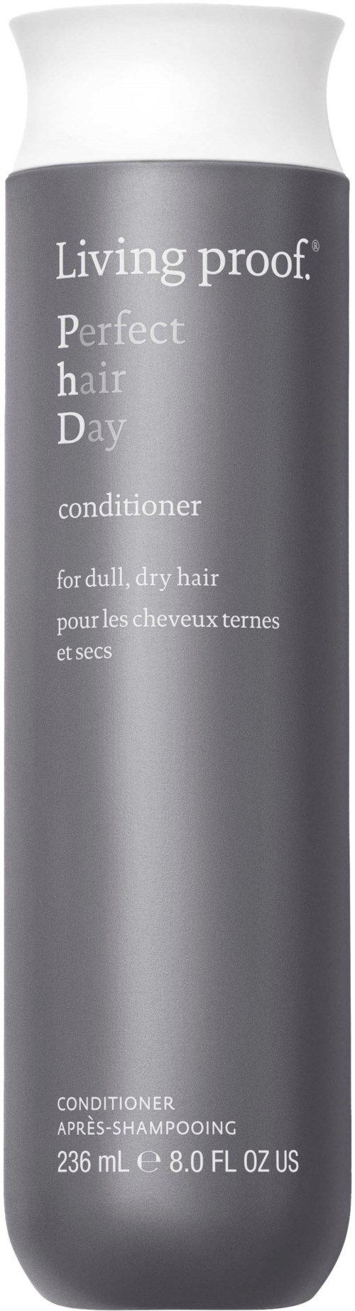 Harmaa shampoopullo, jossa valkoinen korkki, merkki Living proof, Perfect hair Day hoitoaine kuivalle hiuksille, 236 ml.