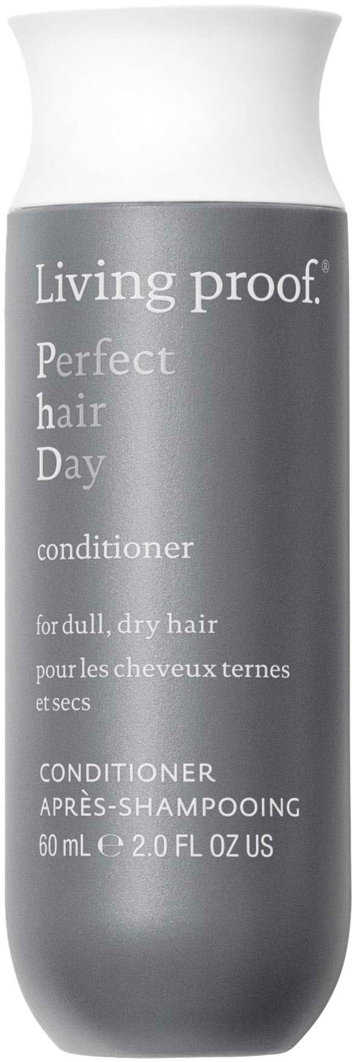 Harmaa ja valkoinen pullo, jossa lukee 'Living proof Perfect hair Day conditioner' kuivalle, samealle hiuksille, 60 ml.