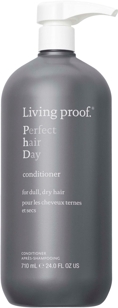 Harmaa pumppupullo, etiketti Living proof Perfect hair Day hoitoaine, himmeilemattuun, kuiviin hiuksiin.