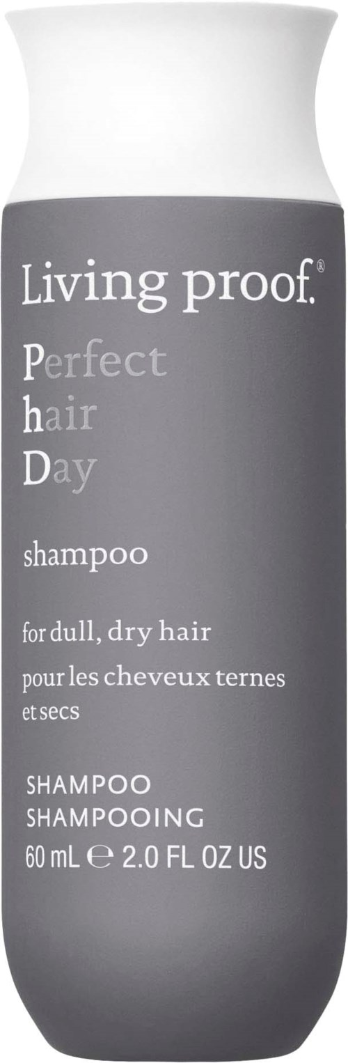 Harmaa ja valkoinen shampoo-pullo himmeälle, kuivalle hiukselle Living proofilta. Sisältää 60 ml, sopii päivittäiseen käyttöön.