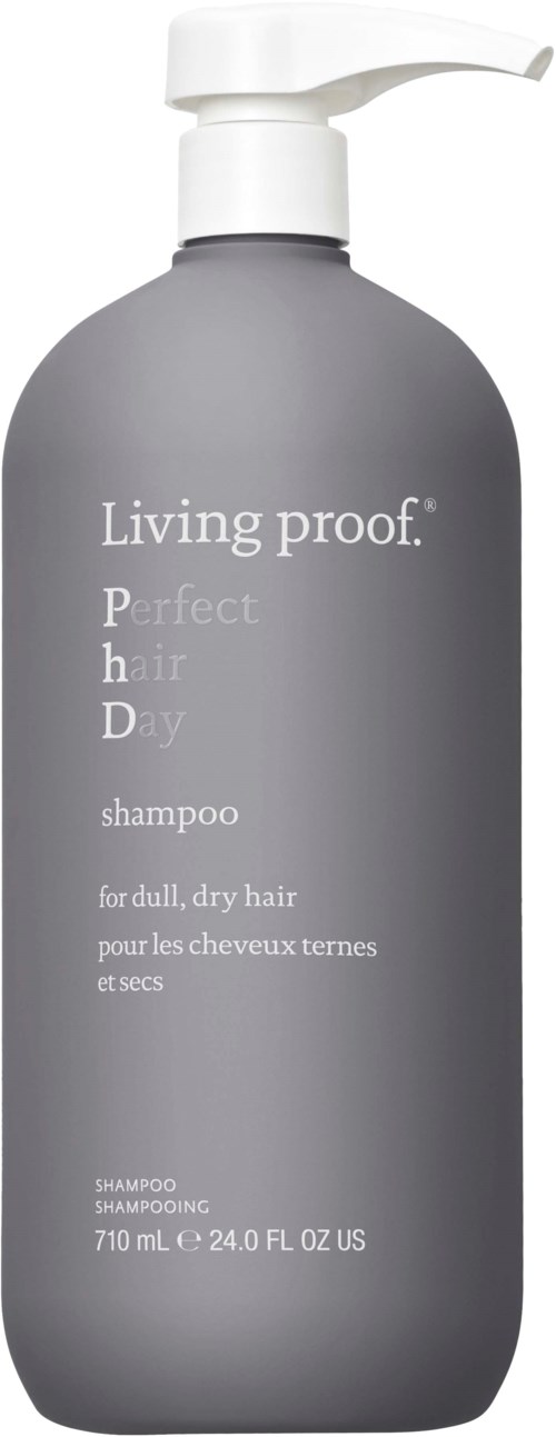 Harmaa shampoopullo pumpulla, merkiltä 'Living Proof Perfect Hair Day Shampoo,' samealle, kuivalle hiukselle.