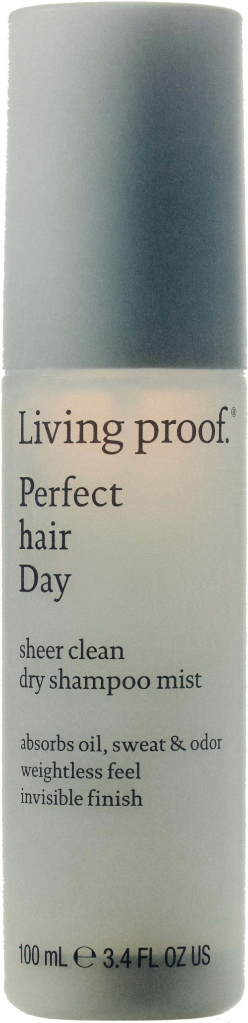 Living Proof Perfect hair Day dry shampoo mist in a white and silver spray bottle.