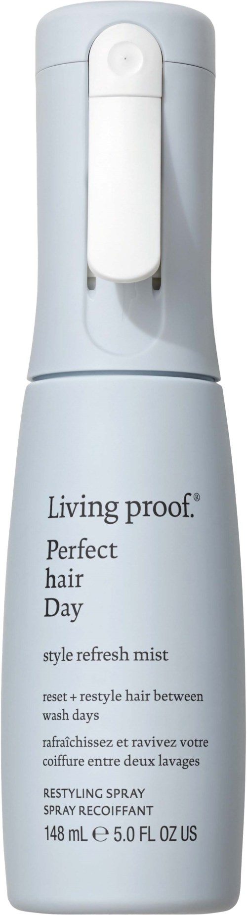 A white bottle of Living proof Perfect hair Day style refresh mist for hair, 148 ml, with a pump spray top.