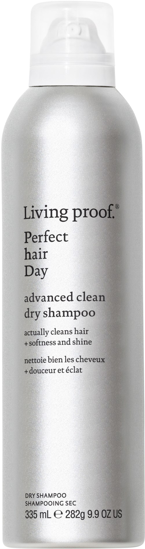 A tall silver bottle of Living proof Perfect hair Day dry shampoo, with a white cap, labeled for clean, dry hair.