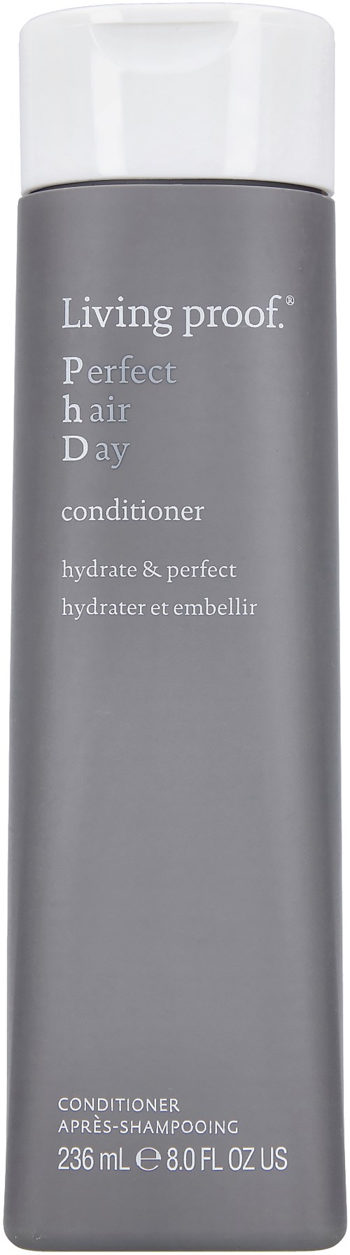 En grå flaska märkt 'Living proof Perfect hair Day conditioner' med vit lock, innehållande hårvårdsprodukt, 236 ml.