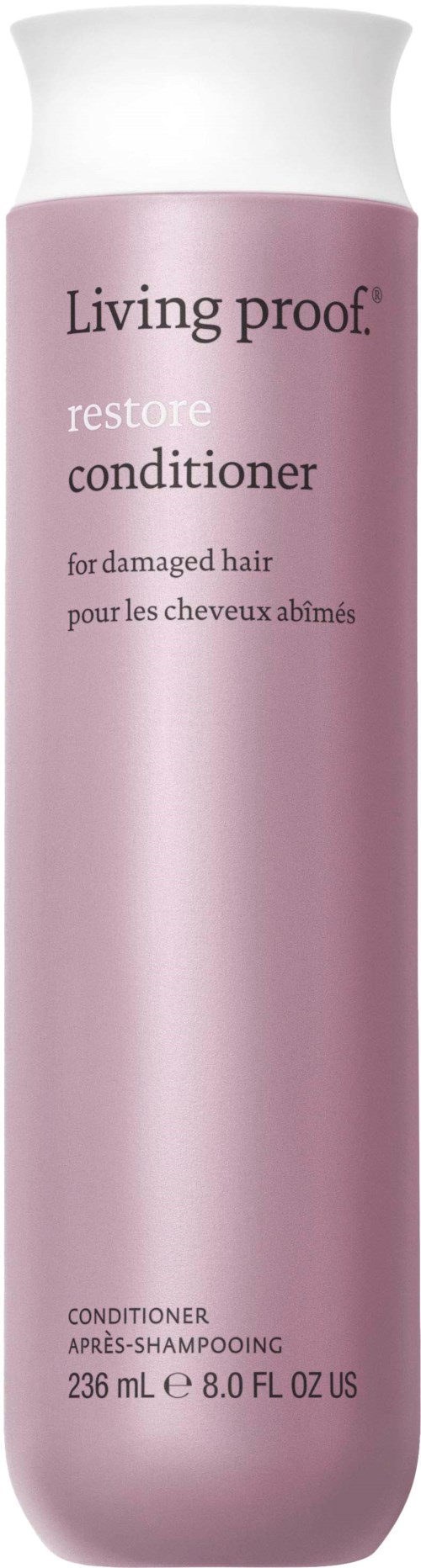 Vaaleanpunainen pullo, jossa lukee 'Living proof restore conditioner' vaurioituneelle hiuksille, 236 ml.