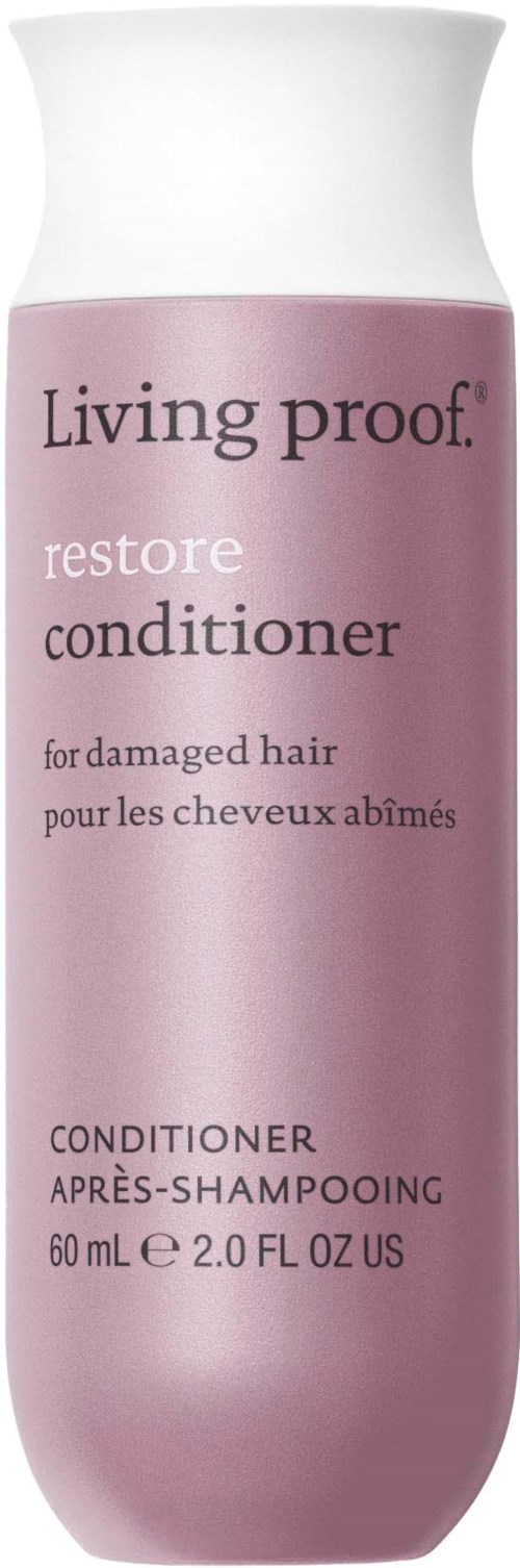 Pinkki pullo Living Proof restore -hoitoaineelle, 60 mL, vaurioituneelle hiukselle.