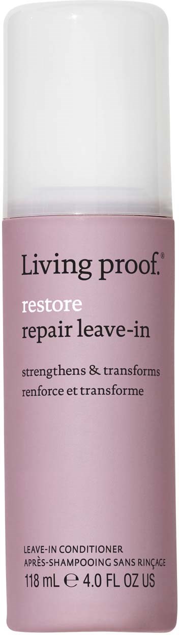 Valkoinen ja vaaleanpunainen pullo, jossa lukee Living Proof restore repair leave-in conditioner, 118 ml, hiuksille.