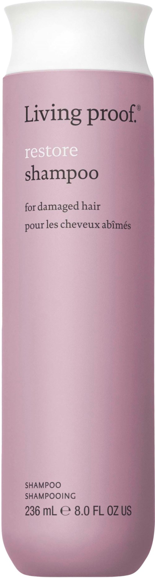Vaaleanpunainen shampoo pullo, jossa lukee 'Living proof restore' vaurioituneelle hiuksille, 236 ml.