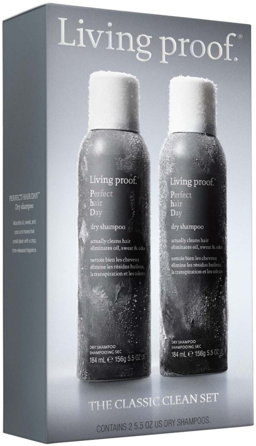 Two bottles of Living Proof dry shampoo in a box labeled The Classic Clean Set.