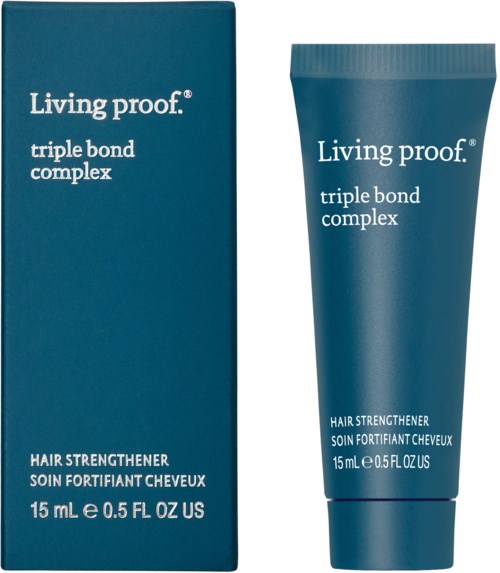 Sininen rasia ja putki Living proof -hiustenvahvistajasta, triple bond complex, 15 ml.