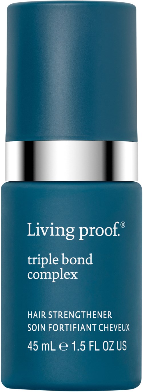 Sininen pullo hopeisella nauhalla, merkintä "Living proof triple bond complex," hiusten vahvistukseen, 45 mL.
