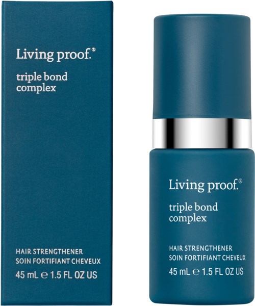 Sininen pullo ja Living Proof -rasvatuote, merkintä 'triple bond complex' ja 'hiusten vahvistaja', 45 ml.