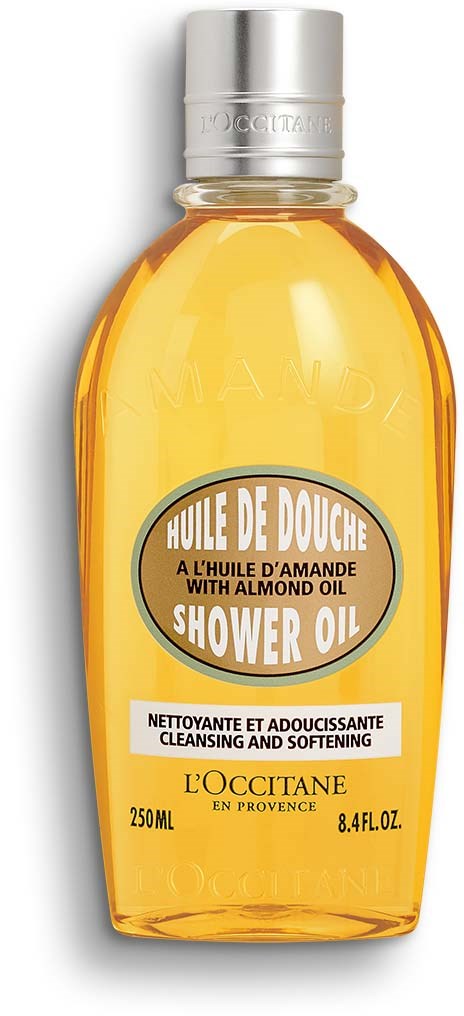 Een gele fles met een zilverkleurige dop bevat amandelolie doucheproduct voor het reinigen en verzachten van de huid.