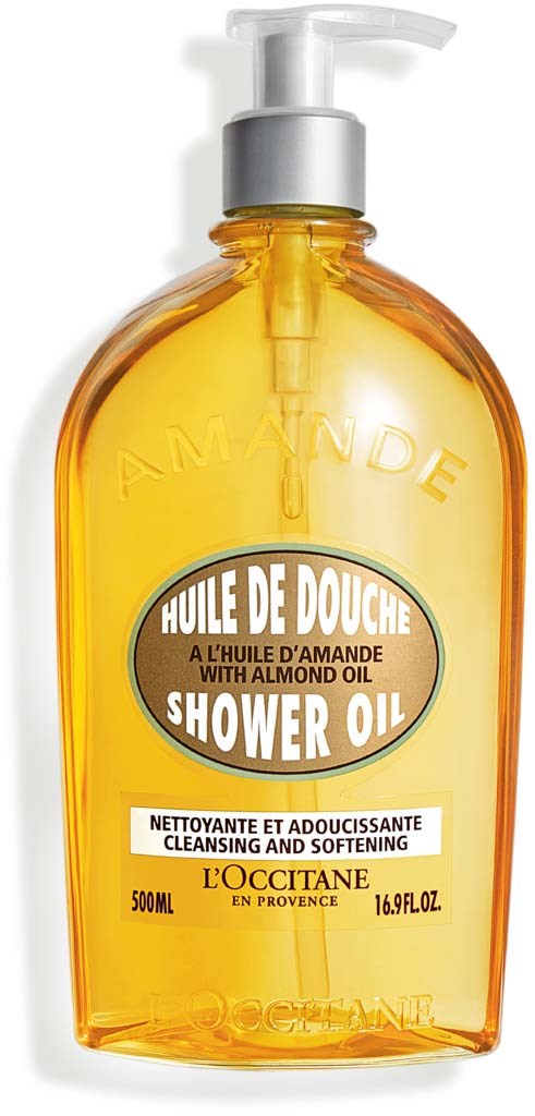 Żółta butelka z pompką, oznaczona jako olejek do prysznica z olejem migdałowym, od L'Occitane, 500 ml.