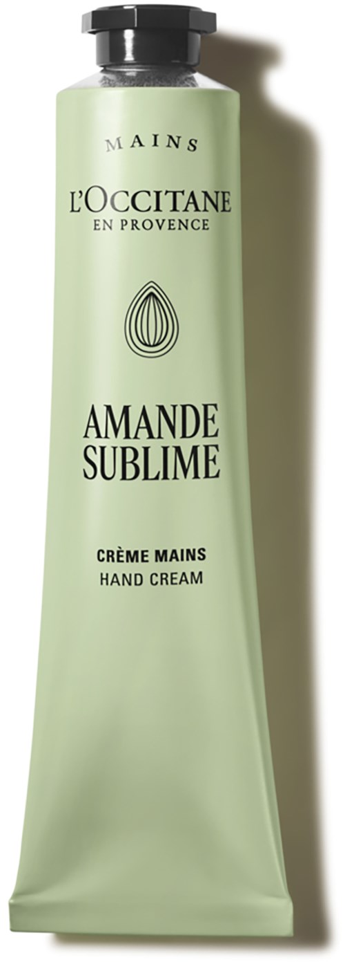 Eine hellgrüne Tube mit Handcreme und schwarzem Deckel, gekennzeichnet Amande Sublime von L'Occitane, mit schwarzem und goldenem Text.
