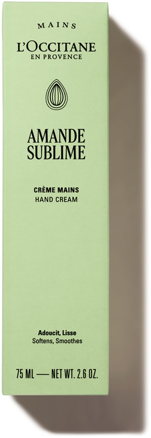 Grüne Verpackung mit schwarzem Text für Handcreme von L'Occitane, genannt Amande Sublime, 75 ml.