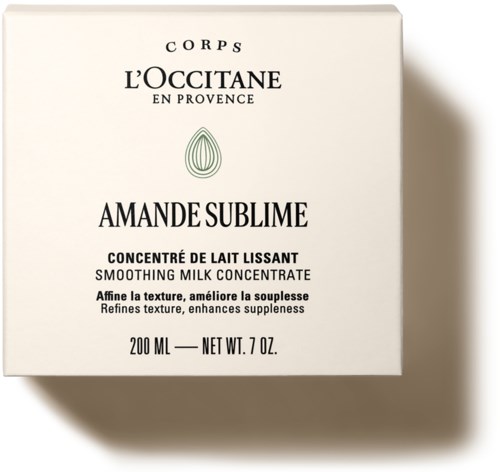 A white box of L'Occitane nourishing melting milk smooth cream with black text and a simple leaf logo.