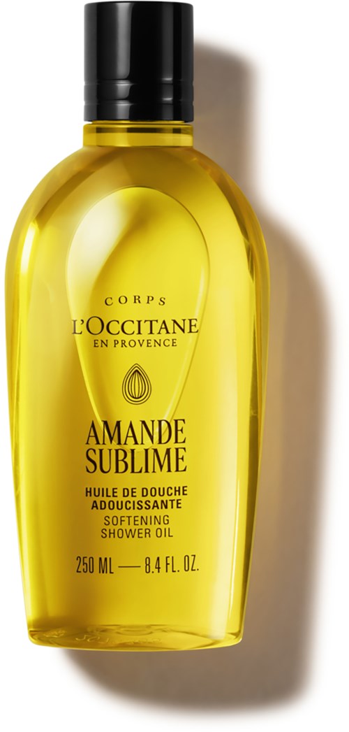 Gelbe Duschölflasche mit schwarzem Deckel, Beschriftung Amande Sublime, von L'Occitane, 250 ml oder 8,4 fl oz.