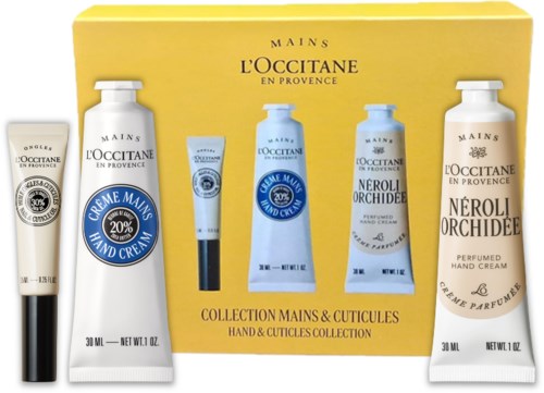 Vier Handcremes in gelber Schachtel, jede in unterschiedlicher Verpackung, beschriftet L'Occitane Neroli & Orchid collection.
