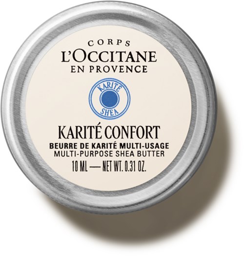Ein runder Behälter mit L'Occitane Shea Butter, 10 ml, weiß-silberne Verpackung, zeigt Produkt- und Markeninformationen.