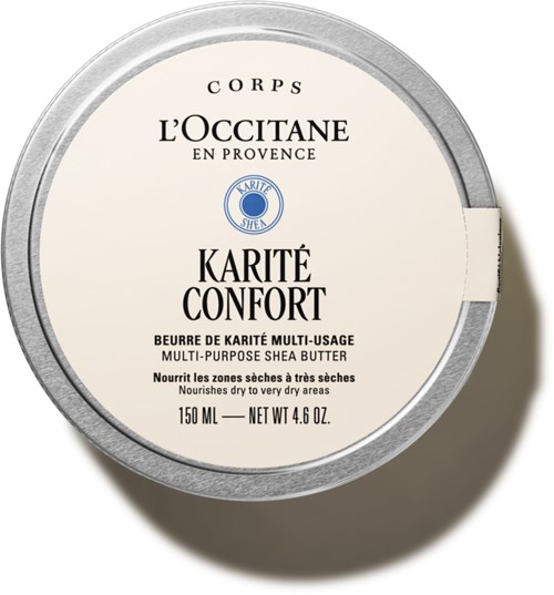 Ein runder Behälter mit L'Occitane Shea Butter, silberner Deckel, schwarze und blaue Schrift, Logo in der Mitte.