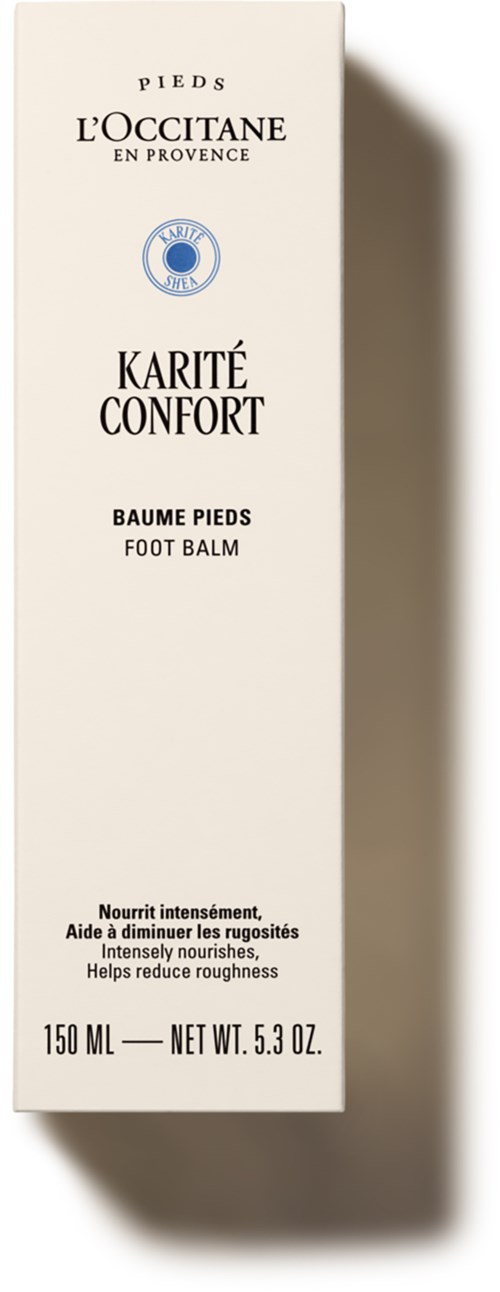 Fuß balm Schachtel mit französischem und englischem Text, nährt und reduziert Rauheit.