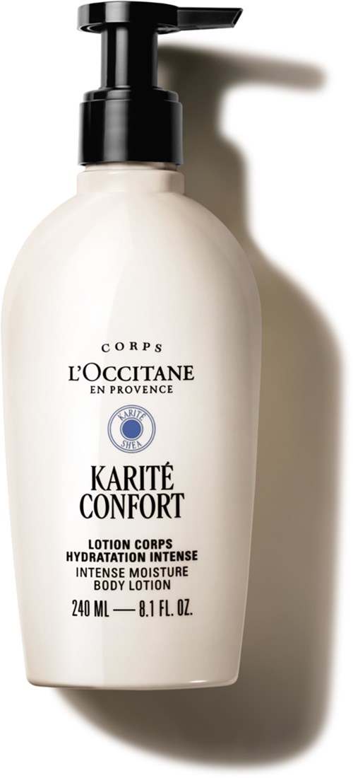 Eine weiße Körperlotionflasche mit schwarzem Pumpkopf, auf Französisch, für intensive Feuchtigkeit von L'Occitane.
