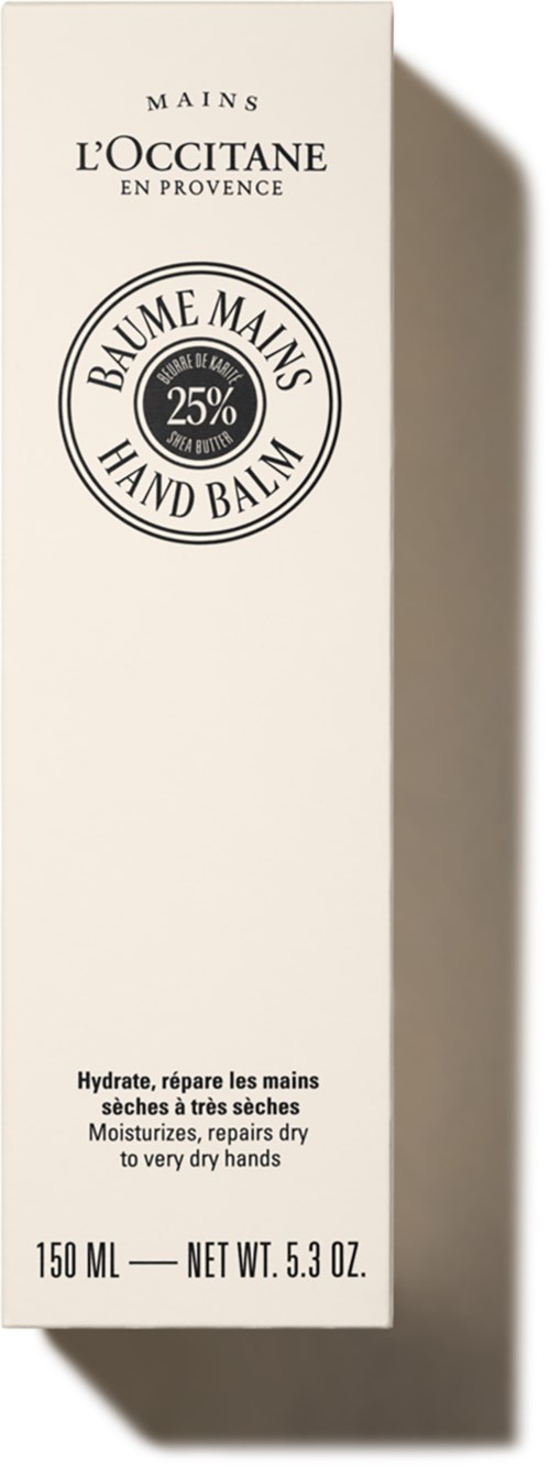 Ein hoher weißer Karton mit schwarzem Text, zeigt eine Handbalsam von L'Occitane mit 25 % Sheabutter.
