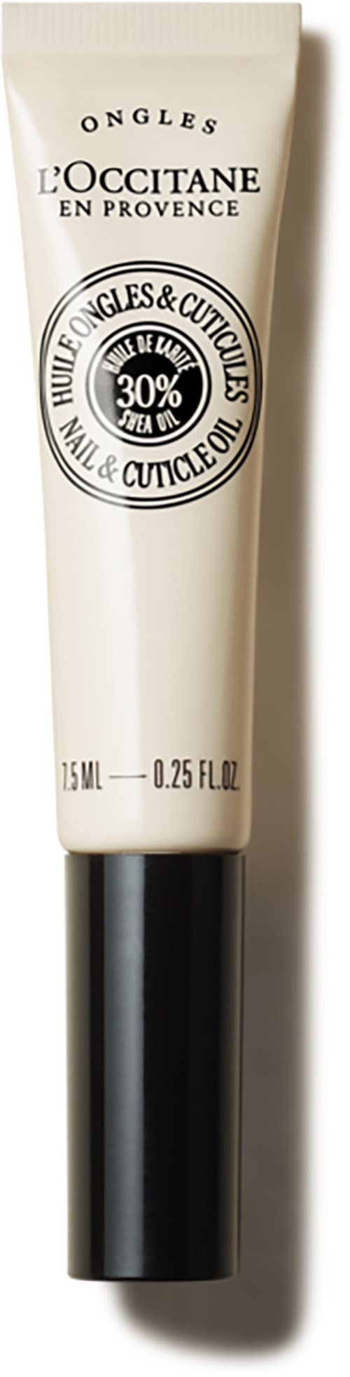 Weiße Tube von L'Occitane mit Nagel- und Nagelhautpflege, schwarzer Deckel, 0,25 fl oz, enthält 30% nährende Inhaltsstoffe.