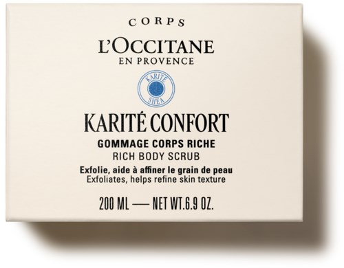 Verpackung für L'Occitane Körperpeeling mit Text über Peeling und Verfeinerung der Hautstruktur, 200 ml.