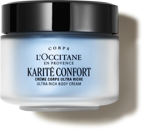 Ein blauer Körpercreme-Topf mit schwarzem Deckel, beschriftet L'Occitane Karité Confort, Ultra Rich Body Cream.
