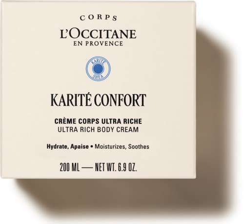 Eine weiße Verpackung mit schwarzem und blauem Text für L'Occitane Körpercreme, die als ultra reichhaltig und feuchtigkeitsspendend beschrieben wird.
